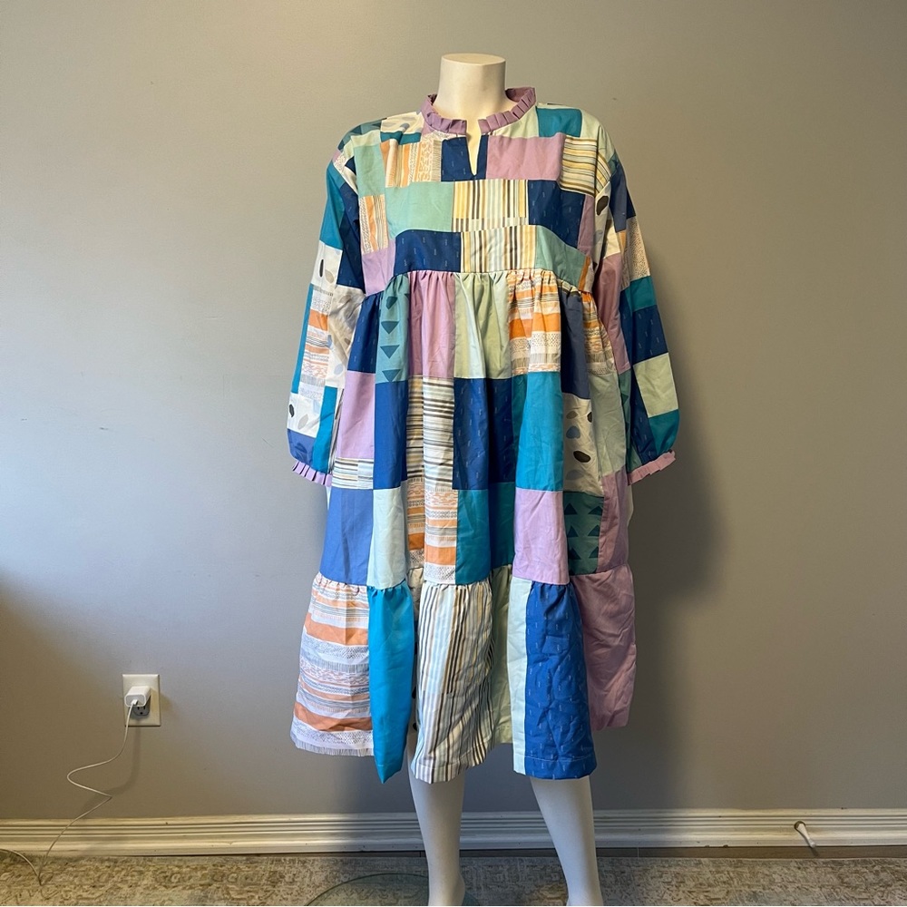 Handmade unique one of a kind patchwork midi dress blue purple medium